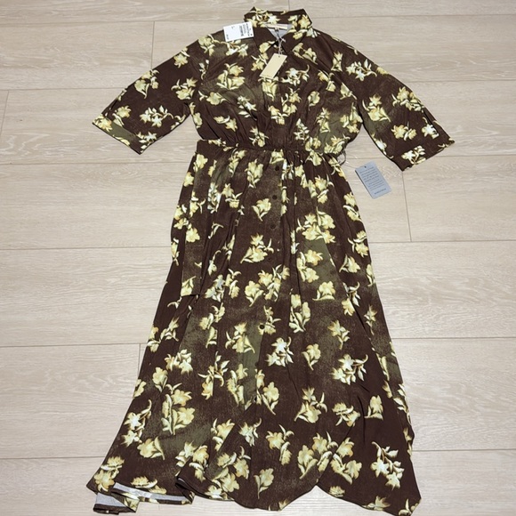 MELLODAY Brown Floral Collared Button Down Midi Dress NEW - Picture 2 of 8